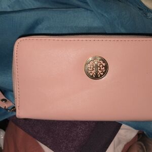 Women's Pink Zip-Around Wallet with Gold Medallion Accent